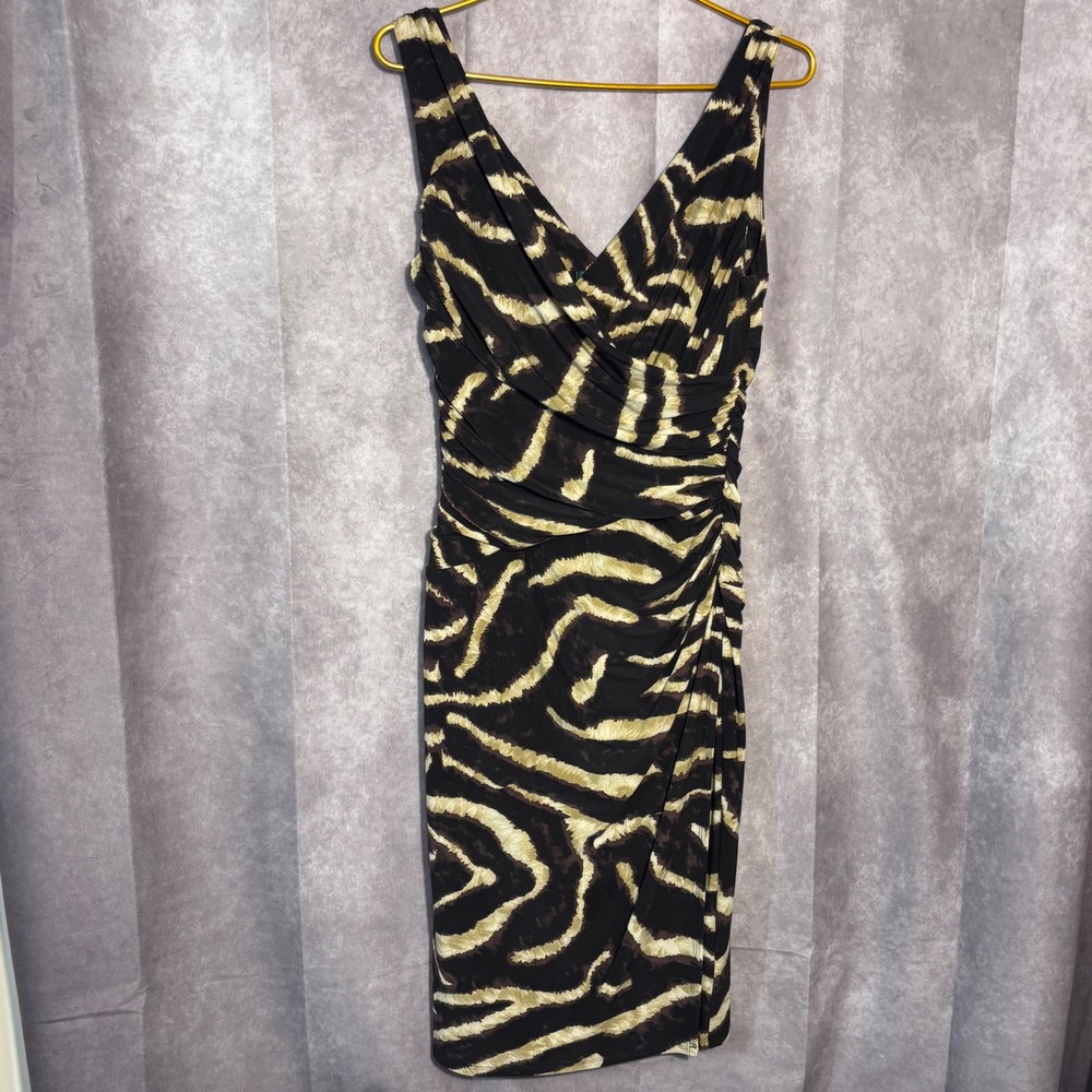 Lauren Ralph Lauren Zebra Faux Wrap Ruched Dress Women Size 8 Brown Gold Safari